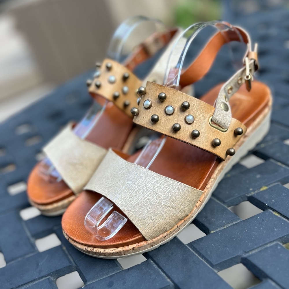 Sheridan Mia Studded Leather Platform Wedge Sandals Cork Pearl Slingback